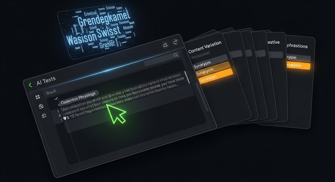 AI_IMAGE: Dark interface showing AI text generation in progress with glowing green cursor on a black editor screen, multiple content variation panels fanning out to the right like cards, amber highlights on key synonym swaps, holographic word cloud floating above the editor | digital-art | landscape
