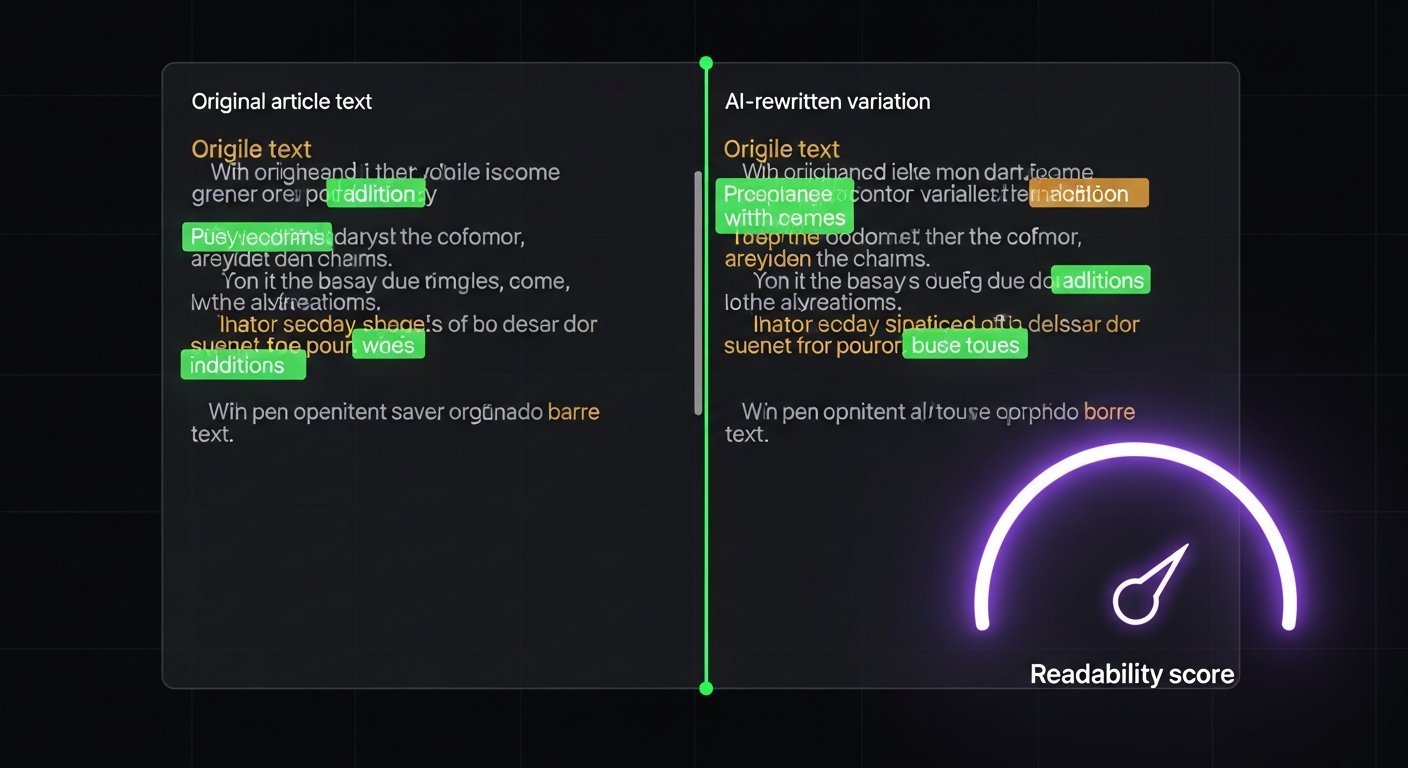 AI_IMAGE: Split-screen dark interface comparing original article text on the left with AI-rewritten variation on the right, highlighted diff markers in green and amber showing changed phrases, readability score gauge glowing violet in the corner | digital-art | landscape