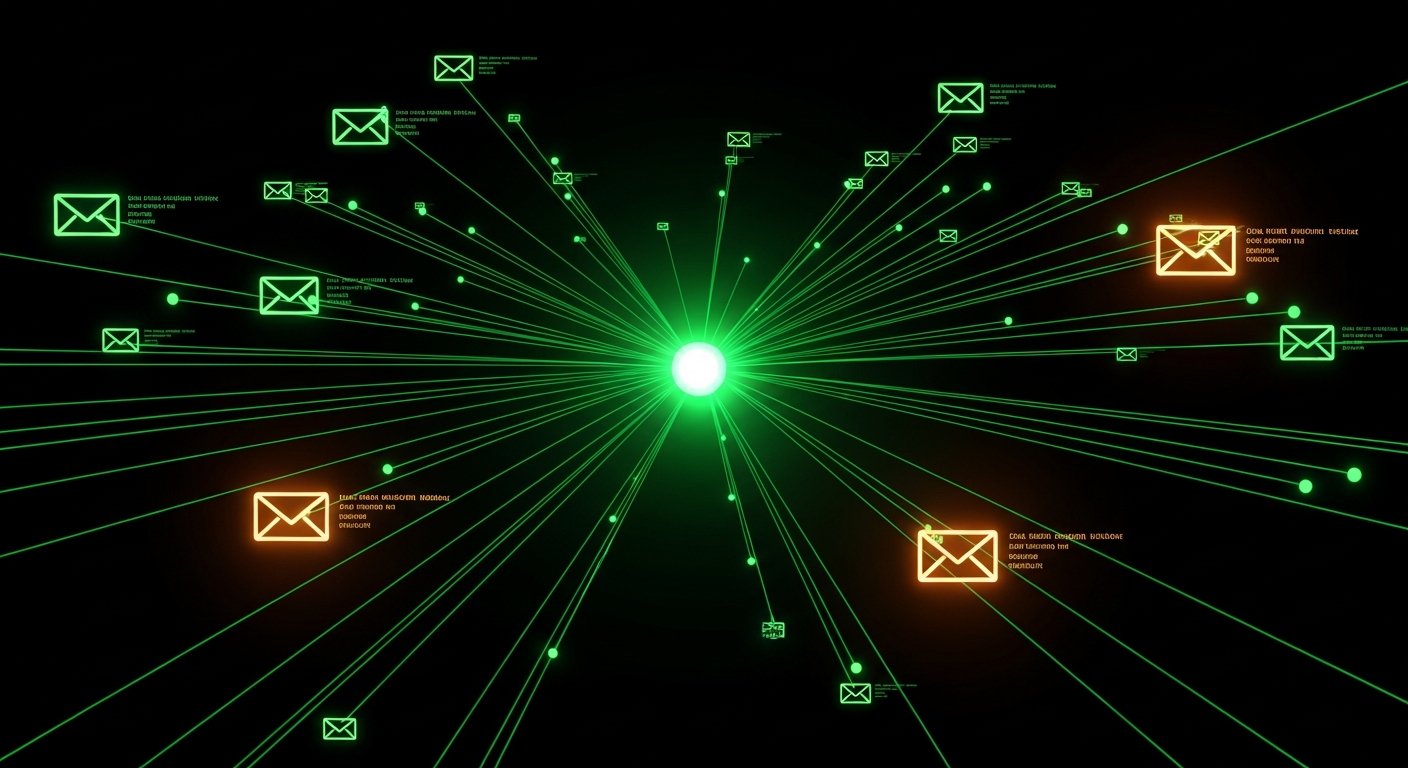 AI_IMAGE: Abstract dark visualization of interconnected nodes representing backlink networks, glowing green connection lines radiating outward from a central hub against a pitch-black background, email envelope icons floating alongside data streams, neon amber highlights on key nodes | digital-art | landscape